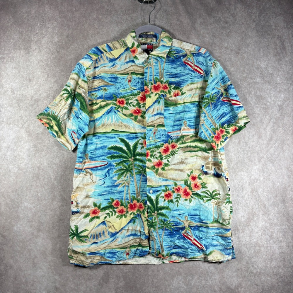 Tommy Hilfiger Hawaiian Camp Shirt Men S Blue Surfer Beach Scene Button Beach